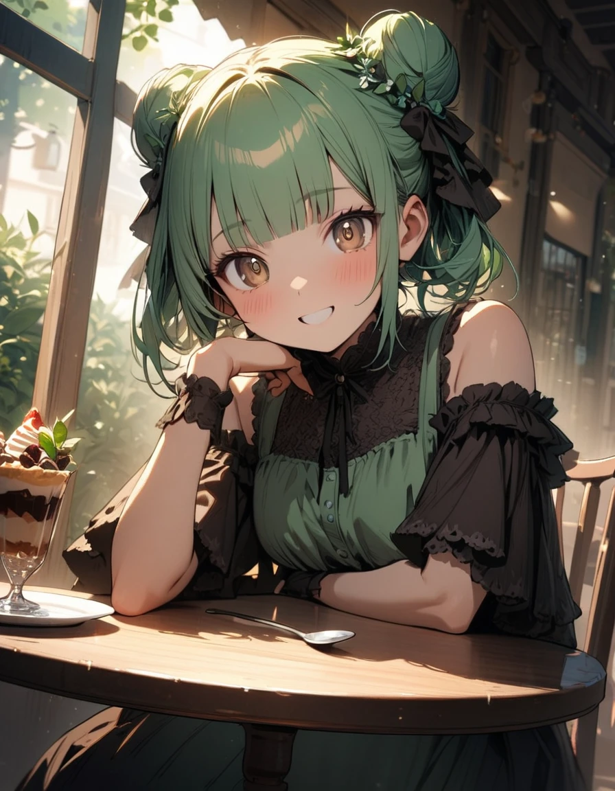 1 girl,amazing quality, aesthetic, aesthetic,ultra-detailed face,detailed eyes,16yo,(Brown eyes),lash extension,Mint green hair,blunt bangs,Mint leaves hair accessory,double bun,Mint green and brown dress,(summer scene,victorian:1.2),holding a spoon,Looking at viewer,happy,one Chocolate mint parfait on the table,Sitting,indoors French Restaurant,rim light,masterpiece,8K,top quality, highly detailed illustration