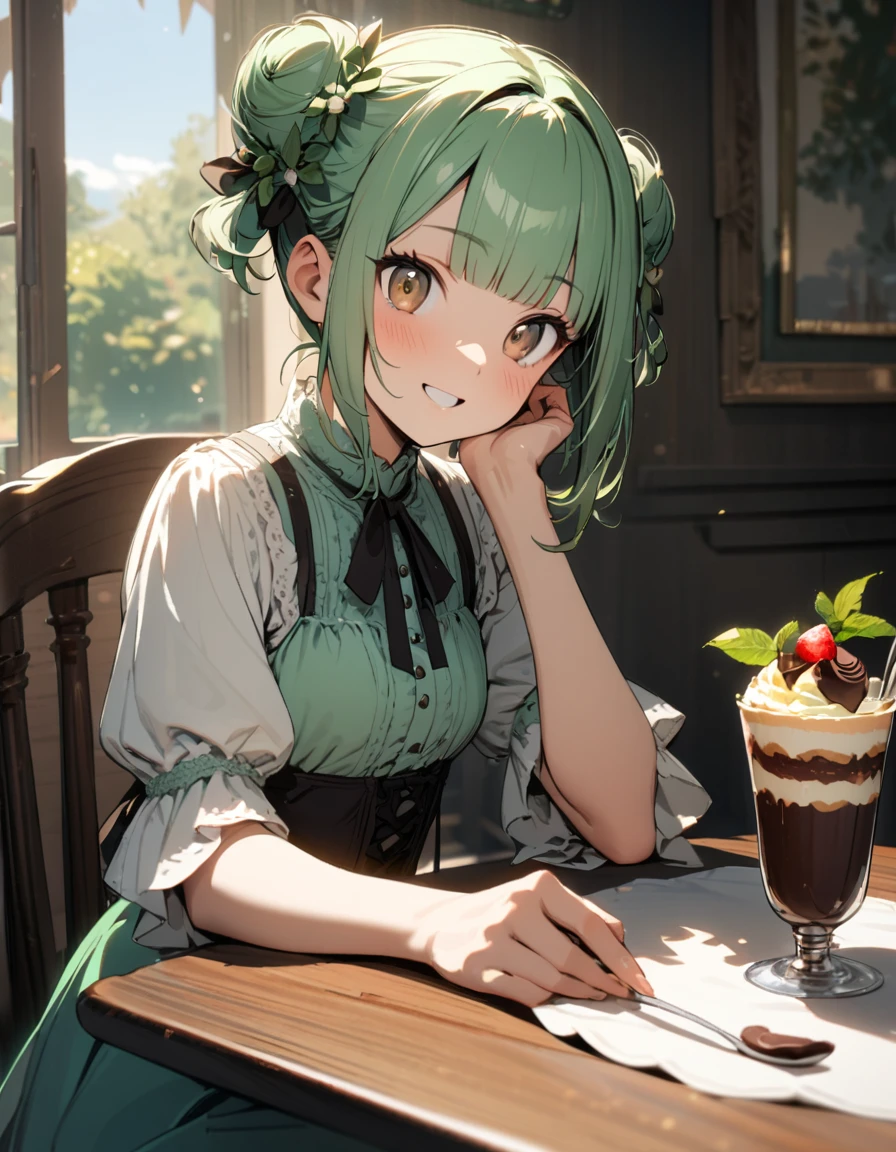 1 girl,amazing quality, aesthetic, aesthetic,ultra-detailed face,detailed eyes,16yo,(Brown eyes),lash extension,Mint green hair,blunt bangs,Mint leaves hair accessory,double bun,Mint green and brown dress,(summer scene,victorian:1.2),holding a spoon,Looking at viewer,happy,one Chocolate mint parfait on the table,Sitting,indoors French Restaurant,rim light,masterpiece,8K,top quality, highly detailed illustration