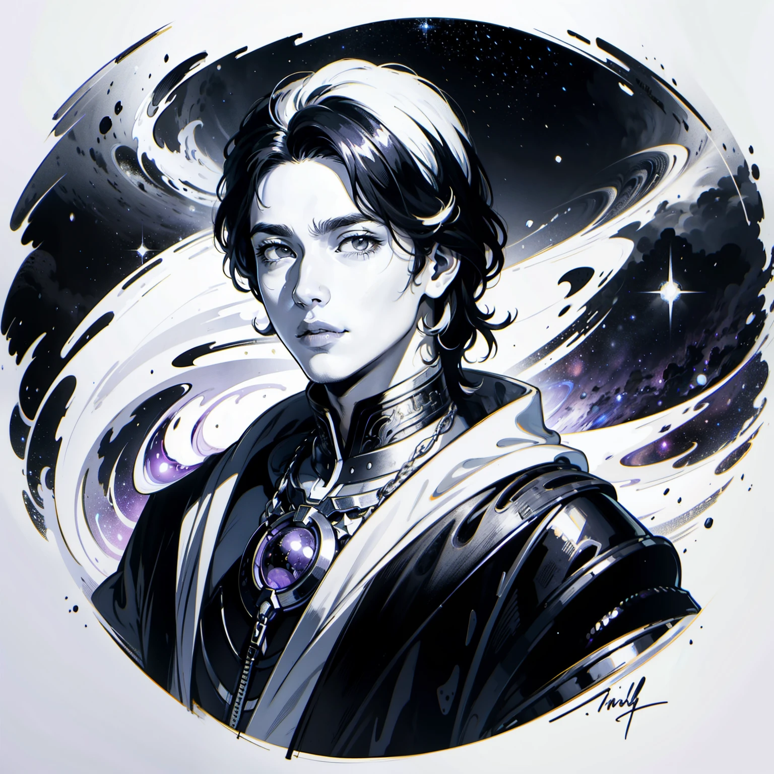 Develop an illustration using exclusively black colors, white and purple, featuring the bust of Hermes Trismegistus in white. From his mind, represent a galaxy emerging, symbolizing the elevation and infinity of human knowledge. Art should mix elements of Eastern and Western styles. Ensure the galaxy is vibrant in purple tones, contrasting with the black and white of the bust of Hermes and the background. Do not use any color other than black, white and purple. Make a man!!!!!!!