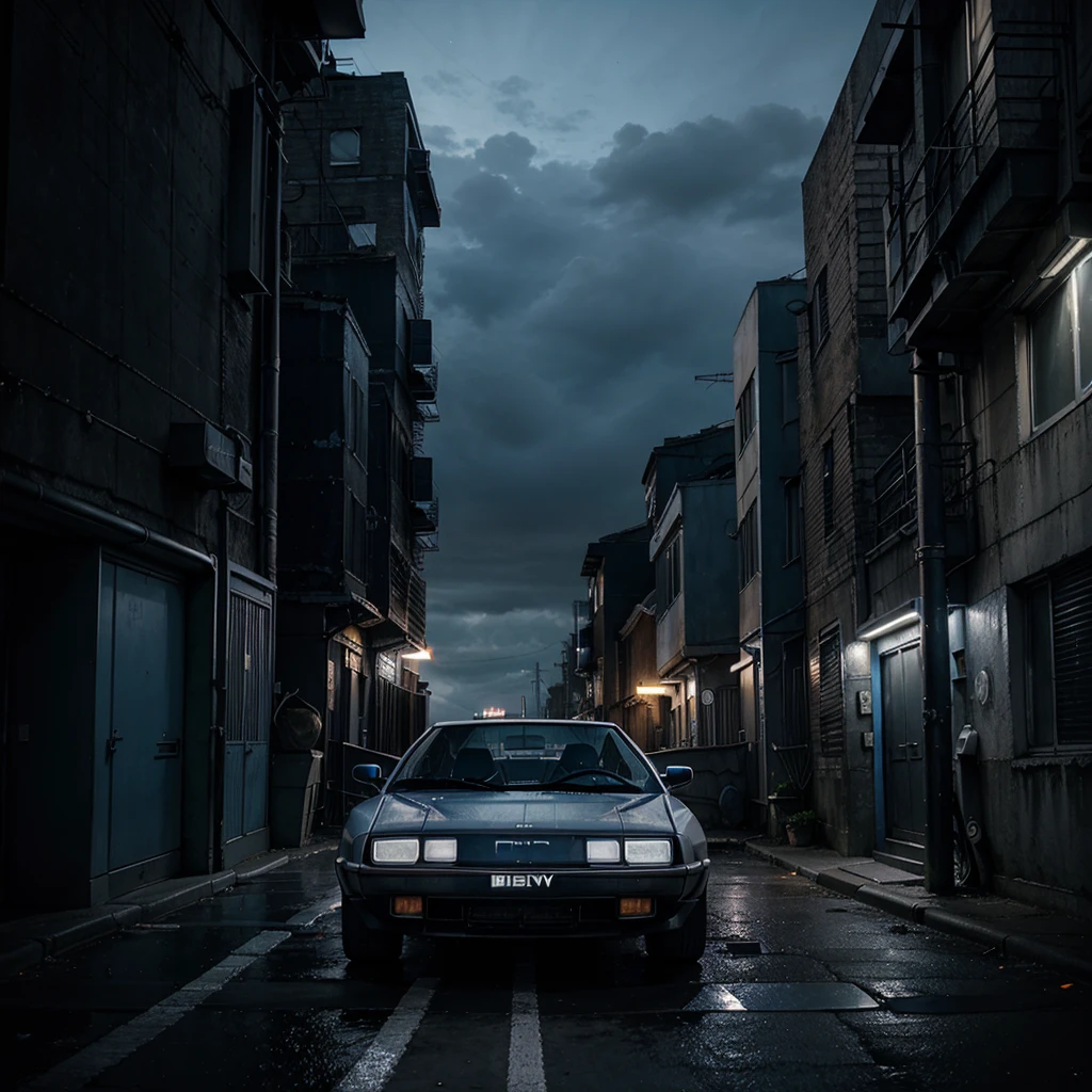 Digital artwork, moody cityscape, DMC Delorean futuristic car, night setting, deserted retro alleyway, blue hues