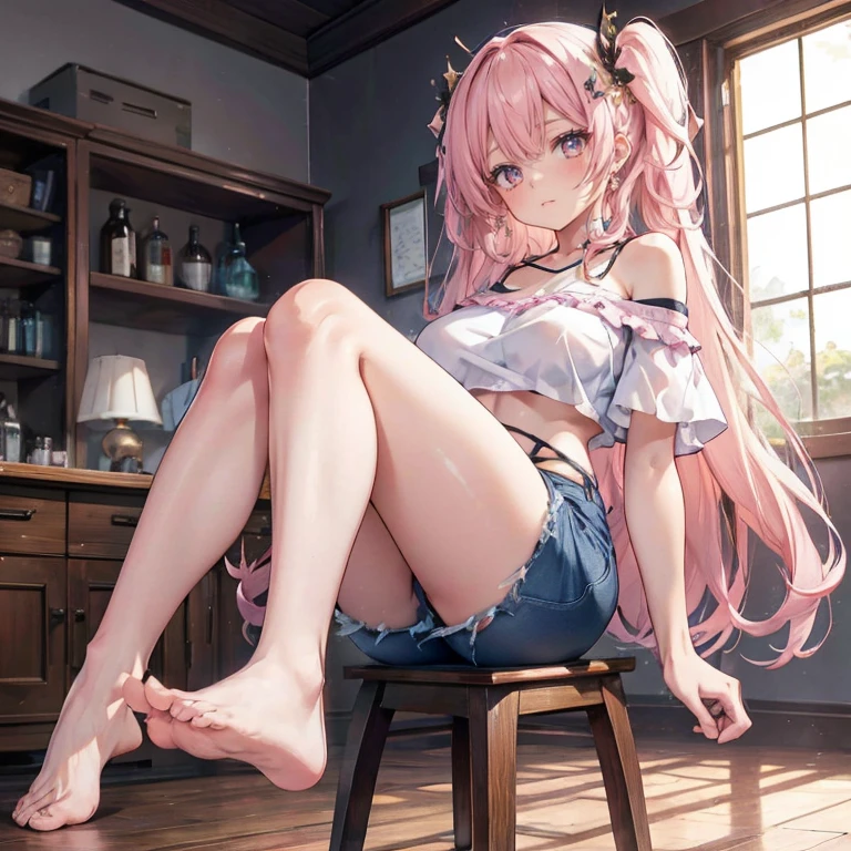 Anime Kawaii sexy Perfect Slim sensual body large breast and huge thighs, An intricate and highly detailed illustration of anime (Young girl) 一个女人sitting on a stool露出她臭脚的low angle，sitting on a stool，low angle，正面，bare feet，focus on feet，Pink off-shoulder t-shirt，There are bangs between the eyes，long hair，chestnut hair，shorts jeans，anatomically correcte, There is a huge yellow five-pointed star clip in her hair，pink eyes，eyes for details，pretentious smile，look at the audience，point-blank，wide angle lens，perspective drawing, two feet，simetria bilateral