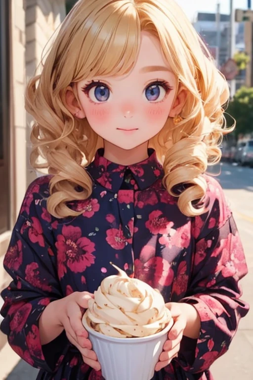 Highest quality, girl，10 year old cute girl , blonde, Curly Hair, evil girl，Floral Dress，Eat soft-serve ice cream，