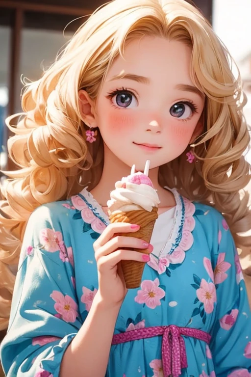 Highest quality, girl，10 year old cute girl , blonde, Curly Hair, evil girl，Floral Dress，Eat soft-serve ice cream，