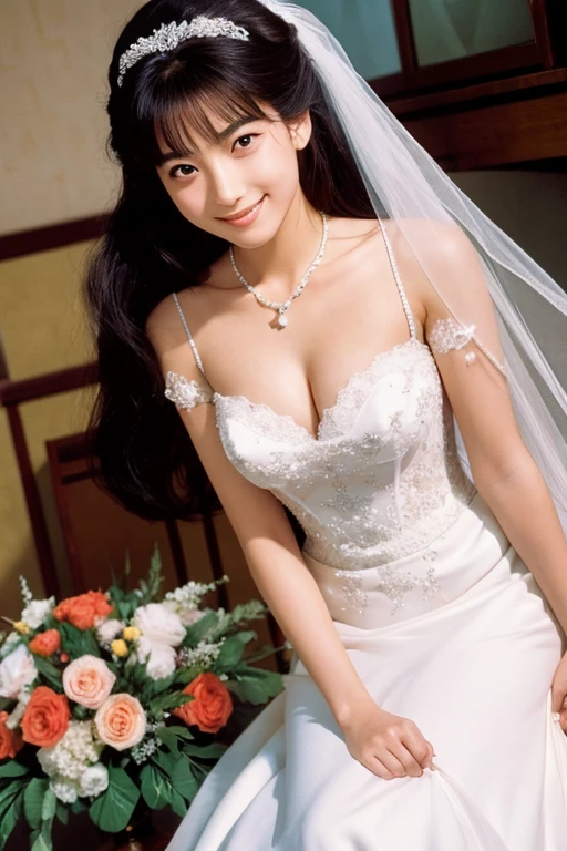 Mirai Yashima smiles in a sexy wedding dress in the style of Yoshikazu Yasuhiko's illustration