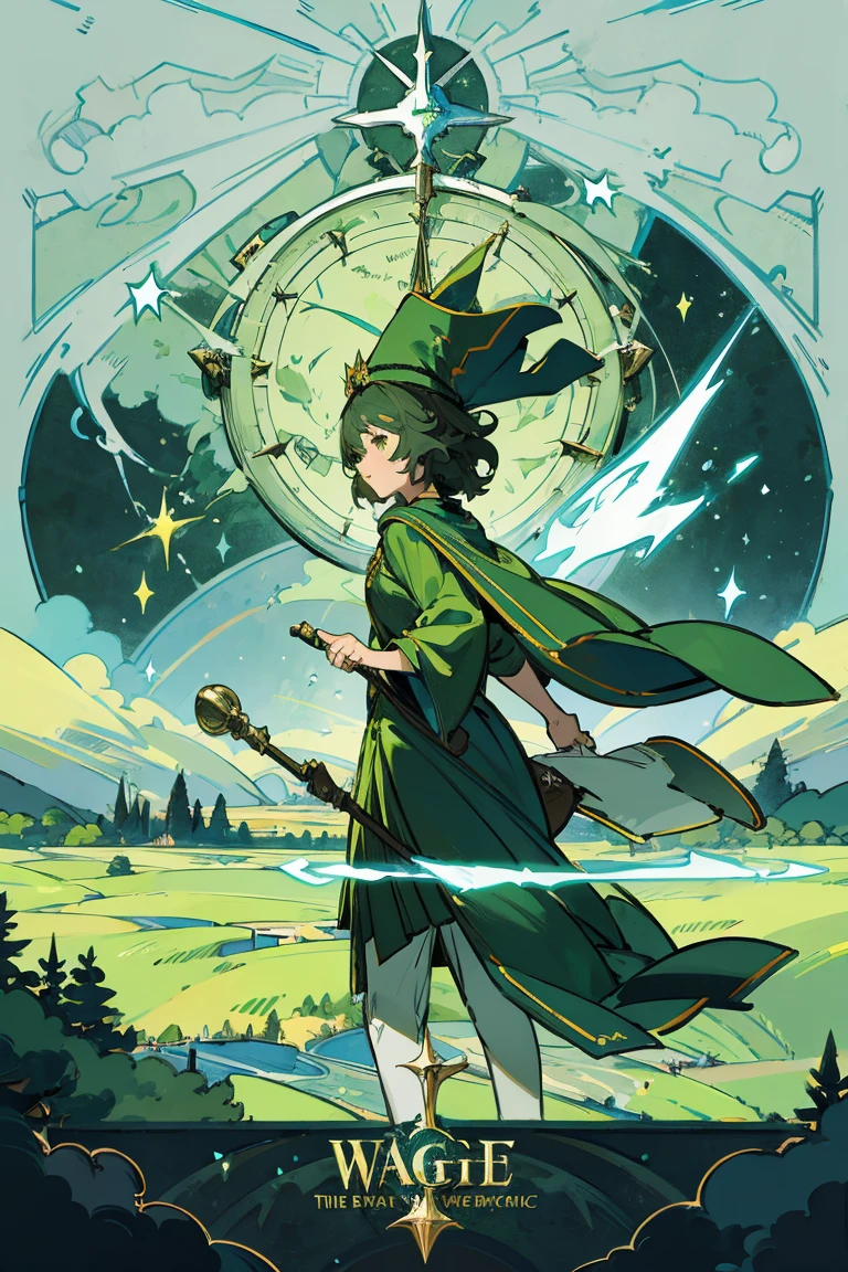 Magic girl, green clothes wizard hat, tree silhouette and magic staff, fantasy magic falling, landscape of clocks time temporal travel high quality full hd 4k best image realistic artwork