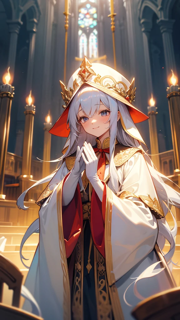 in front of the altar of a majestic church, casting judgement with magic, her voice echoing beautifully. Magic gathers around her, enveloping her in a holy aura as she chants, girl with long white hair, Classic White gown、long white embroidered gloves, pope's clothing and hat, long hair, ceremonial robes, mass vestments, enormous puffy sleeves, long cuffs with many buttons, golden embroidery, cross details, Long Train, lots of frills and lace, red capes, gently reaches out to you, gentle smile