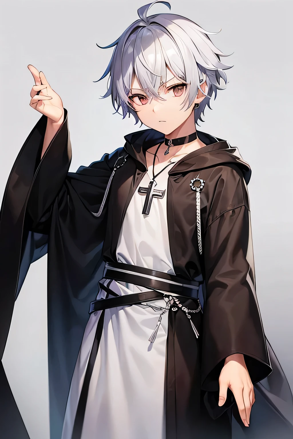 A man photographed from head to toe、20th Generation、Silver short hair、Black Robe、Troubled face、Cross Necklace