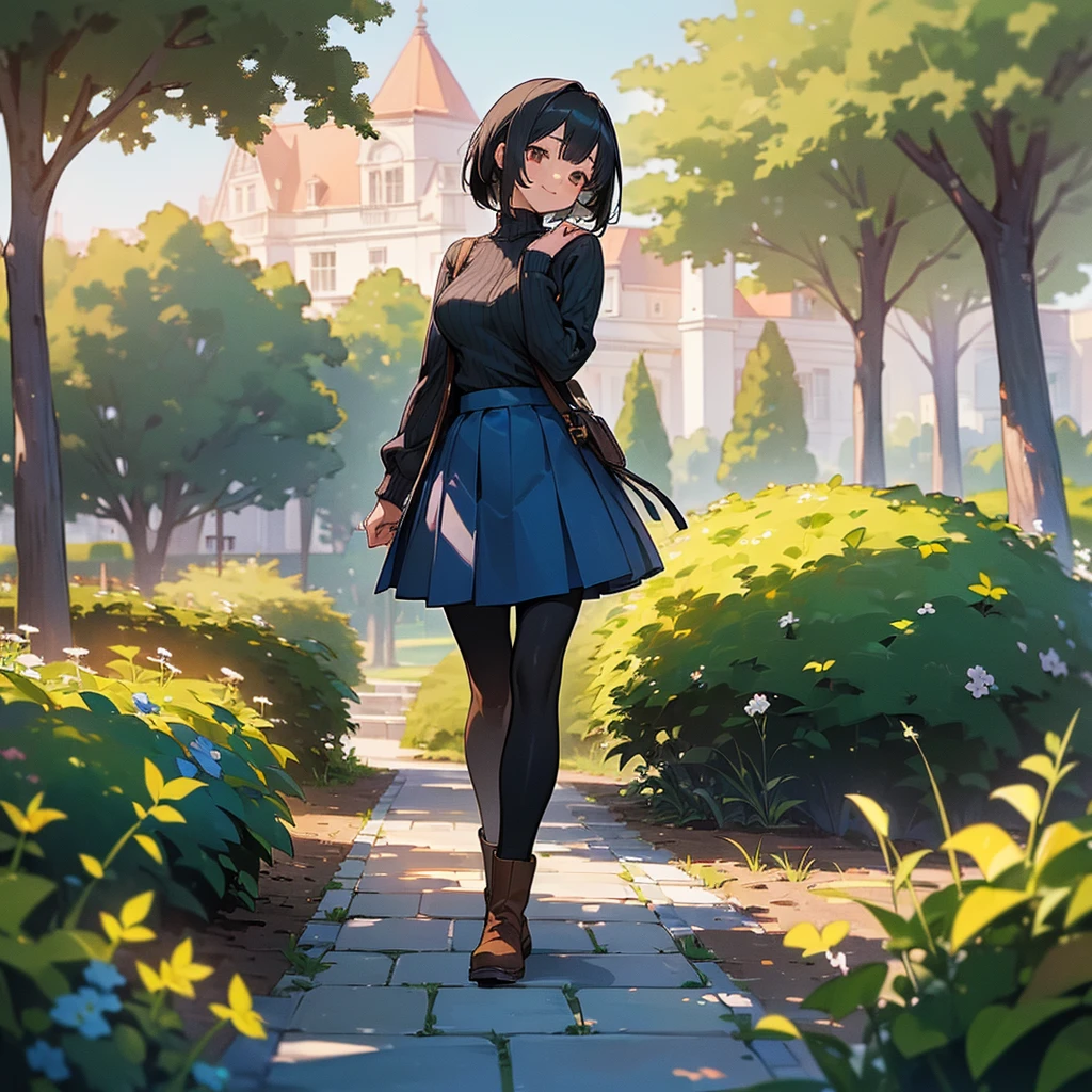 (high quality, High resolution, Very detailed, reality:1.37), Peaceful atmosphere, (Outdoor, garden), Teenage girl standing alone, (my breasts are big.), Beautiful details, Cute Smile, (Black bob hair), Ribbed sweater, Blue Skirt, Black tights, Brown boots.
