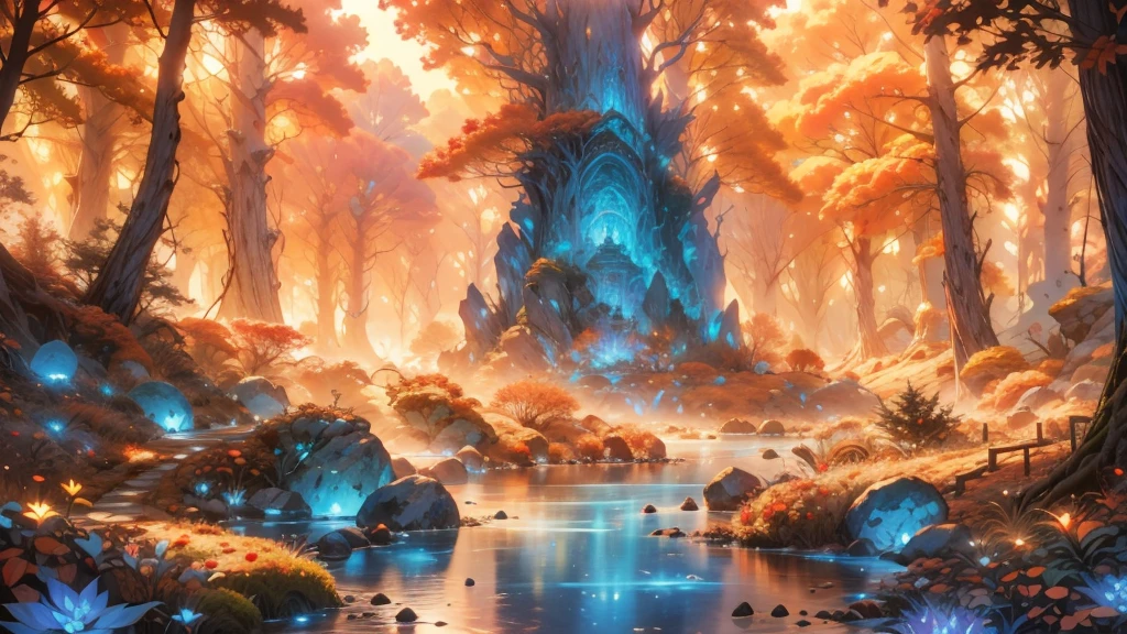 large deep clear glowing blue lake with island in the centre, fantasy fairytale scenery, in a valley with huge dramatic mountains towering in the distance,autumn,large ornamental lawns, rocks plants flowers shrubs trees moss lawns grass redwoods,sunset storm and strong sunbeams,misty hazy,extreme details,photorealistic,4k,HD,beautiful,nature, dreamy, imaginative