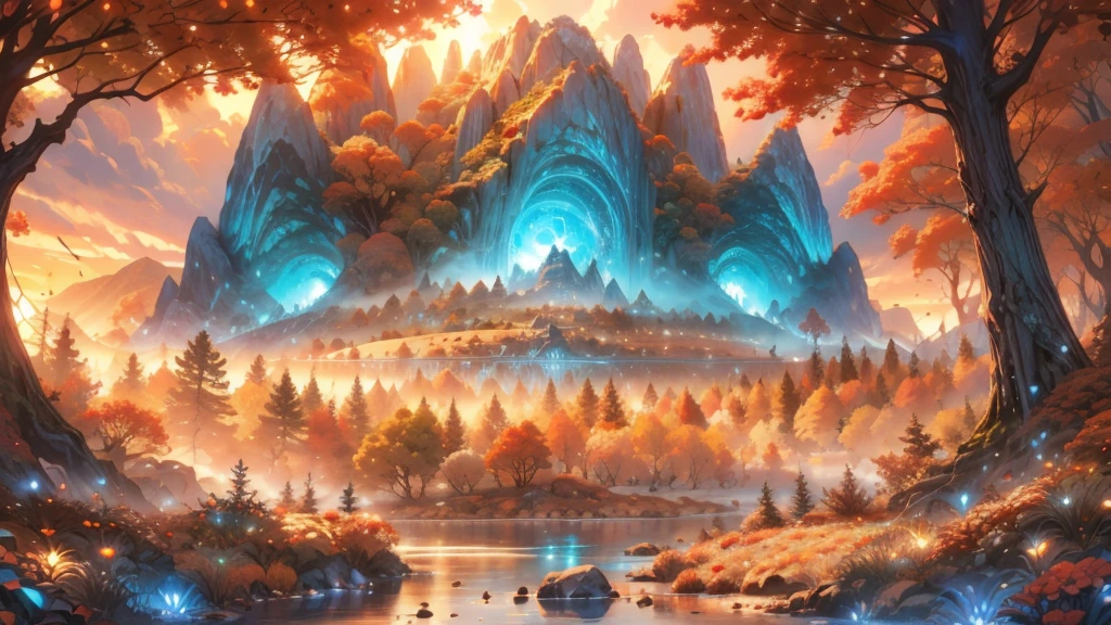 large deep clear glowing blue lake with island in the centre, fantasy fairytale scenery, in a valley with huge dramatic mountains towering in the distance,autumn,large ornamental lawns, rocks plants flowers shrubs trees moss lawns grass redwoods,sunset storm and strong sunbeams,misty hazy,extreme details,photorealistic,4k,HD,beautiful,nature, dreamy, imaginative