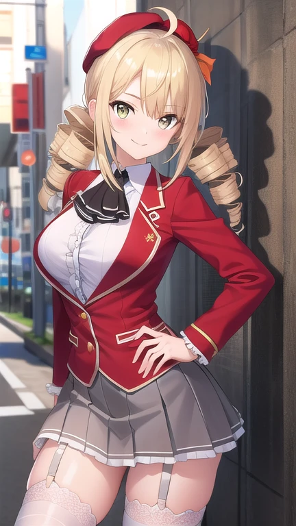 ((masterpiece)),(best quality),official art,extremely detailed CG,unity 8k wallpaper,ultra detailed,beautiful detailed eyes,extremely detailed face,street,1girl,solo,cowboy shot,looking at viewer,facing viewer,smile,reikadou ayame,red hat,mini hat,ahoge,long hair,blonde hair,twin drills,sidelocks,bangs,yellow eyes,red jacket,wing collar,ascot,white shirt,center frills,large breasts,grey skirt,pleated skirt,frilled skirt,garter straps,zettai ryouiki,white thighhighs,loafers,