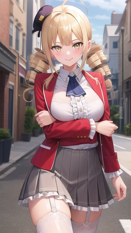 ((masterpiece)),(best quality),official art,extremely detailed CG,unity 8k wallpaper,ultra detailed,beautiful detailed eyes,extremely detailed face,street,1girl,solo,cowboy shot,looking at viewer,facing viewer,smile,reikadou ayame,red hat,mini hat,ahoge,long hair,blonde hair,twin drills,sidelocks,bangs,yellow eyes,red jacket,wing collar,ascot,white shirt,center frills,large breasts,grey skirt,pleated skirt,frilled skirt,garter straps,zettai ryouiki,white thighhighs,loafers,