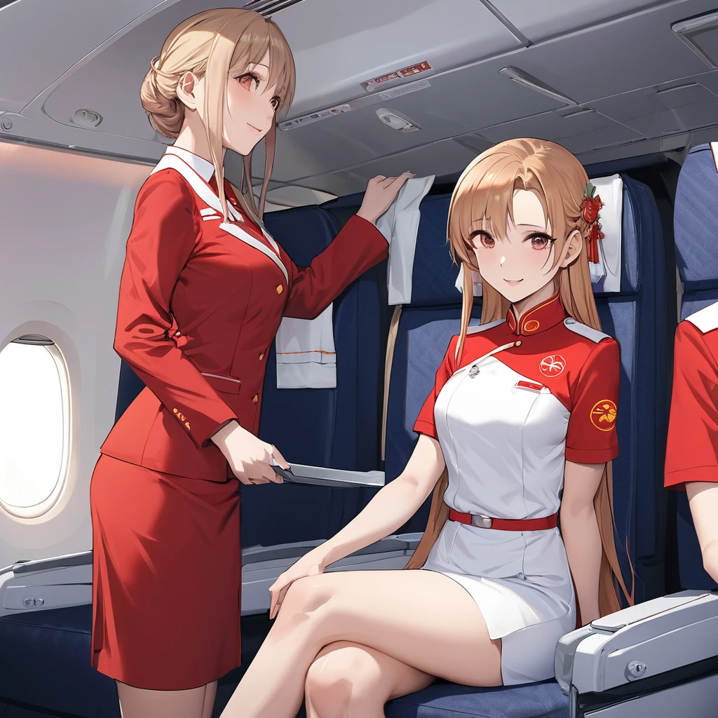 ((Highest quality)), ((masterpiece)), (detailed), (Perfect Face)、The woman is a Chinese flight attendant for Air China, named Yuuki Asuna, with light brown, medium-long hair.、The woman is wearing the red uniform of an Air China flight attendant.、The woman is an honorable special flight attendant reserved for members of the Chinese Communist Party.、The woman is a first-class passenger who is exclusively serving an elderly man who is a member of the Chinese Communist Party. She happily serves him by sitting next to him and providing him with sexual entertainment.、A man and a woman are alone making love in the first class cabin.