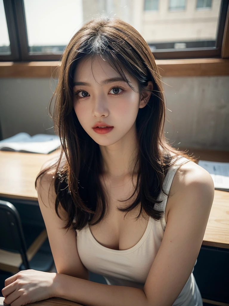 one pretty girl, alone, supermodel, long hair, assembly, chapped lips, big bust, split, tank top, extra jacket, open clothes, (looking at viewer), in an empty classroom, thighs, soft lighting, film grain, upper body, epicCphoto, (best quality:1.2), (masterpiece),((very detailed)),