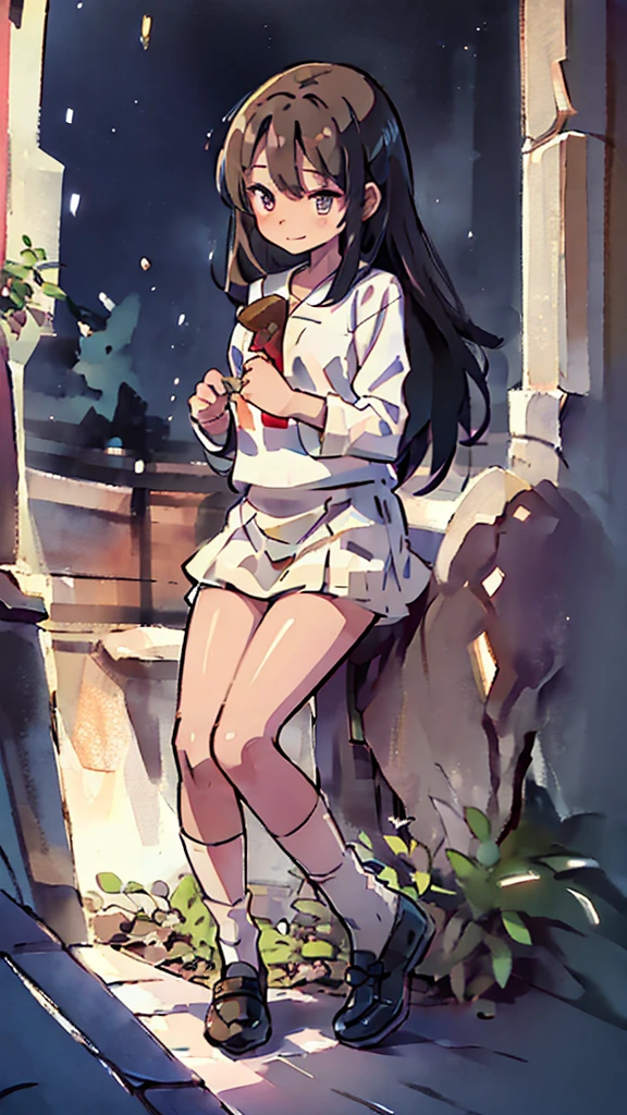 Black gal、bad、Mischievous Smile、Gal Makeup、Naughty、long hair、Blonde、Sunburn、Brown Skin、Nsfw、masterpiece, high quality, 4K, HDR,, Stable Diffusion prompt:   with , wearing a white blouse and Brown  skirt, white panties visible, navy socks and brown loafers, in a state of arousal and trembling with sexual climax,simple illustration style, In a nichijou (everyday life) setting