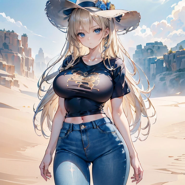 Anime Kawaii sexy Perfect Slim sensual body large breast and huge thighs, An intricate and highly detailed illustration of anime (Young girl) Maximum quality、Superior image quality、Masterpiece artwork、girl with((cute、18-years old、Better bust、medium bust、Bust 85,gorgeous blue eyes、wide open breasts,long blonde hair、A slender、Middle node、black tee,blue jeans、Enrole o cinto、serious face,cowboy hat、Cowboy Oeste)）high qualiy、linda arte、Background with((Western World、desert sands)),tabletop、Elaborate Design、visual artwork、depth of fields、The best lighting、More Detailed、8ｋ,super delicate、A little away