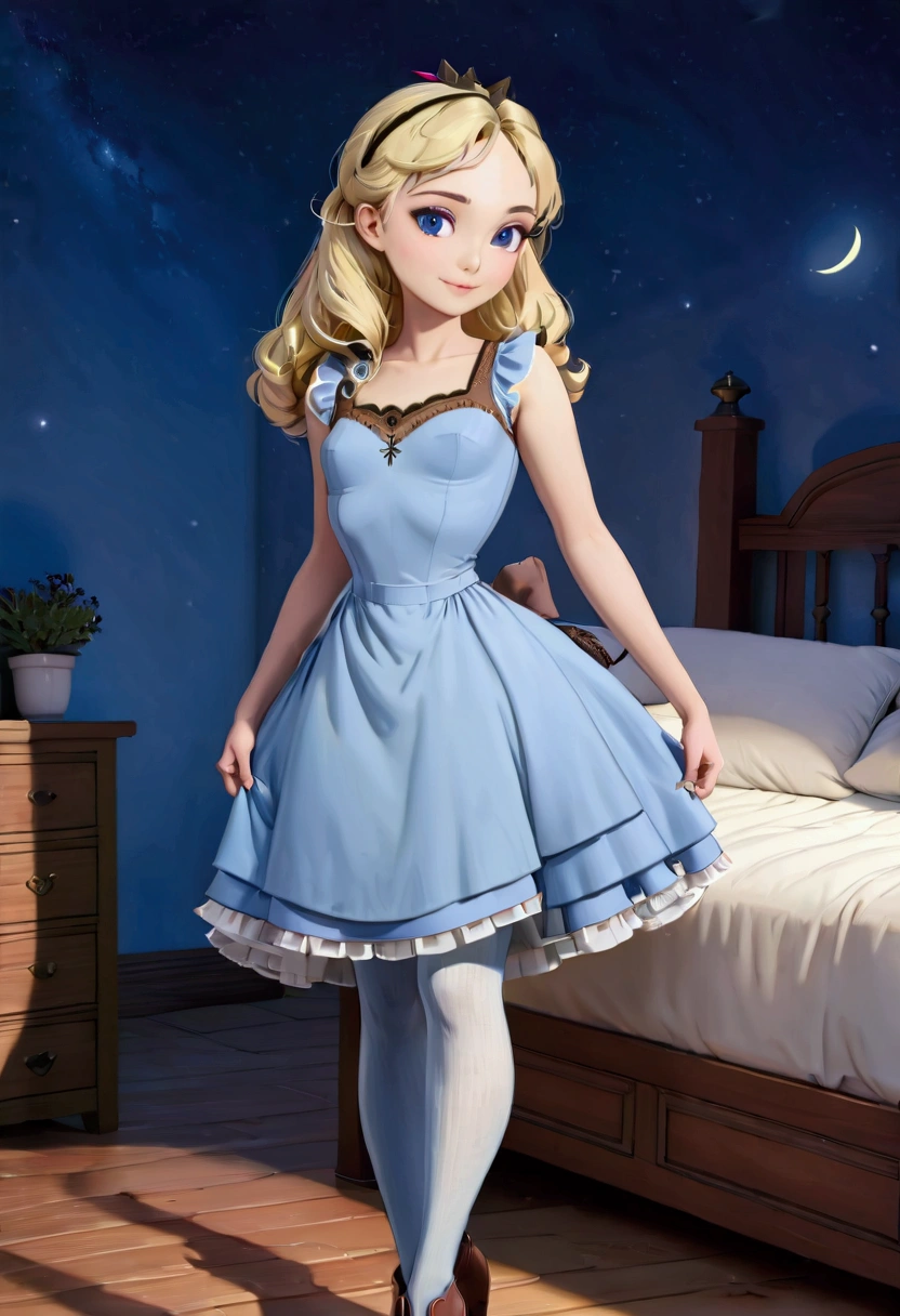 (AliceWonderlandWaifu:1), cute, smile,(dress:1.2), sexy pose, looking at viewer, (small breast:1.4), curvy, thighhighs,
(realistic:1.2), (realism), (masterpiece:1.2), (best quality), (ultra detailed), (8k, 4k, intricate),(full-body-shot:1),(Cowboy-shot:1.2), (85mm),light particles, lighting, (highly detailed:1.2),(detailed face:1.2), (gradients), sfw, colorful, detailed eyes,
(detailed landscape, Edwardian bedroom at night, ray traced light),(detailed background), (dynamic angle:1.2), (dynamic pose:1.2), (rule of third_composition:1.3), (Line of action:1.2), wide shot, solo, moonlight
