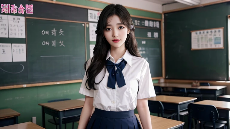 Korean school uniform、Summer shirts、Tight shirt、Bow tie、skirt、School、School的楼梯、Improved posture、The point is、Thin and large、8K Original Photo、high resolution、18 year old Korean、Looks awkward、Extra large round,Beautiful details、Long eyelashes、Nice double eyelids、Eyeshadow、Eyeliner、Eyes become longer、Elongate the shape of the eyes、Sanbai's eyes are beautiful, Thin legs, And beautiful long legs.、Random Shorthair Cat、Tie your hair up、Ear nipple rings、Light brown hair、(Wear pantyhose)、Hold your knees,wear glasses