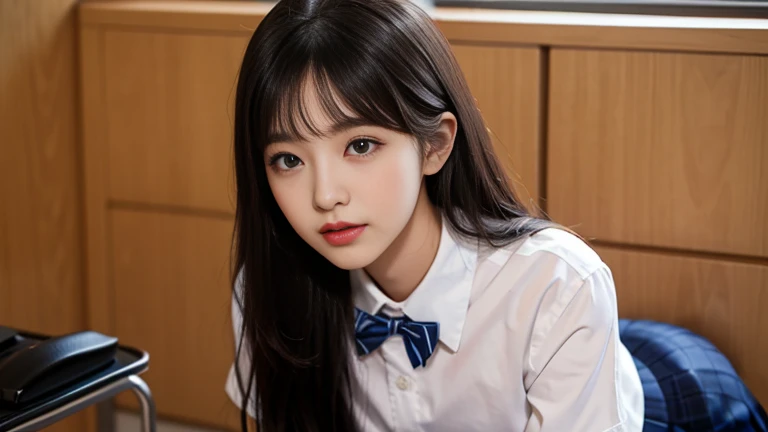 Korean school uniform、Summer shirts、Tight shirt、Bow tie、skirt、School、School的楼梯、Improved posture、The point is、Thin and large、8K Original Photo、high resolution、18 year old Korean、Looks awkward、Extra large round,Beautiful details、Long eyelashes、Nice double eyelids、Eyeshadow、Eyeliner、Eyes become longer、Elongate the shape of the eyes、Sanbai's eyes are beautiful, Thin legs, And beautiful long legs.、Random Shorthair Cat、Tie your hair up、Ear nipple rings、Light brown hair、(Wear pantyhose)、Hold your knees,wear glasses
