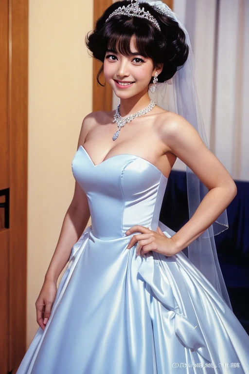 Frau Bou smiles in a sexy wedding dress in the style of Yoshikazu Yasuhiko&#39;s illustration