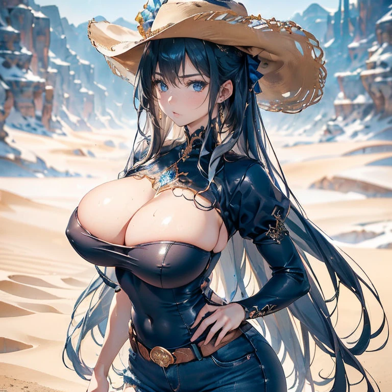 Anime Kawaii sexy Perfect Slim sensual body large breast and huge thighs, An intricate and highly detailed illustration of anime (Young girl) Maximum quality、Superior image quality、Masterpiece artwork、girl with((cute、18-years old、Better bust、medium bust、Bust 85,gorgeous blue eyes、wide open breasts,long blonde hair、A slender、Middle node、black tee,blue jeans、Enrole o cinto、serious face,cowboy hat、Cowboy Oeste))high qualiy、linda arte、Background with((Western World、desert sands)),tabletop、Elaborate Design、visual artwork、depth of fields、The best lighting、More Detailed、8k,super delicate、A little away