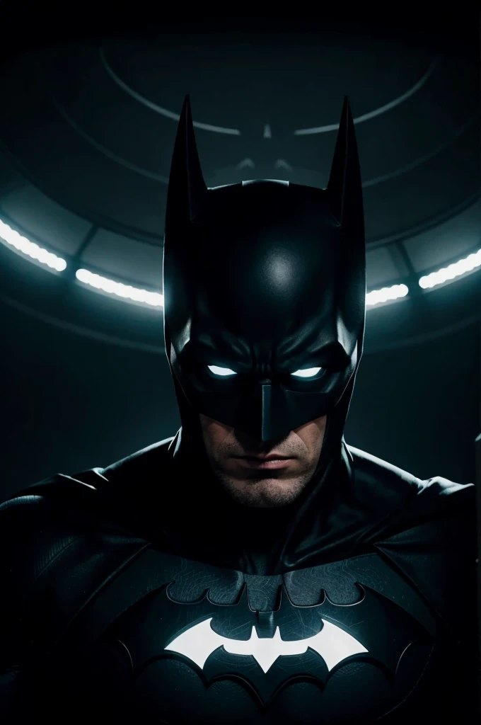 Create a front-facing image of Batman in a dark, mysterious theme. The background should feature a detailed spinning casino roulette wheel, with clearly visible numbers, black and red colored pockets, and a metallic edge, subtly illuminated to enhance the atmosphere. Batman's eyes should glow brightly in white, providing a striking contrast against the dark setting. Emphasize a strong, defined facial structure with an overall dark and enigmatic appearance