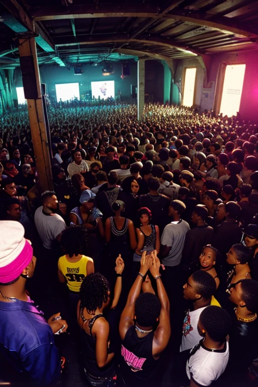 An aerial view of a rave in a basement during the 1990’s with many black people in a punk rock aesthetic. Include the DJ as a background piece in the image.