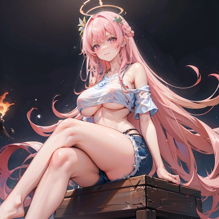 Anime Kawaii sexy Perfect Slim sensual body large breast and huge thighs, An intricate and highly detailed illustration of anime (Young girl) 一个女人sitting on a stool露出她臭脚的low angle，sitting on a stool，low angle，正面，bare feet，focus on feet，Pink off-shoulder t-shirt，There are bangs between the eyes，long hair，chestnut hair，shorts jeans，anatomically correcte, There is a huge yellow five-pointed star clip in her hair，pink eyes，eyes for details，pretentious smile，look at the audience，point-blank，wide angle lens，perspective drawing, two feet，simetria bilateral