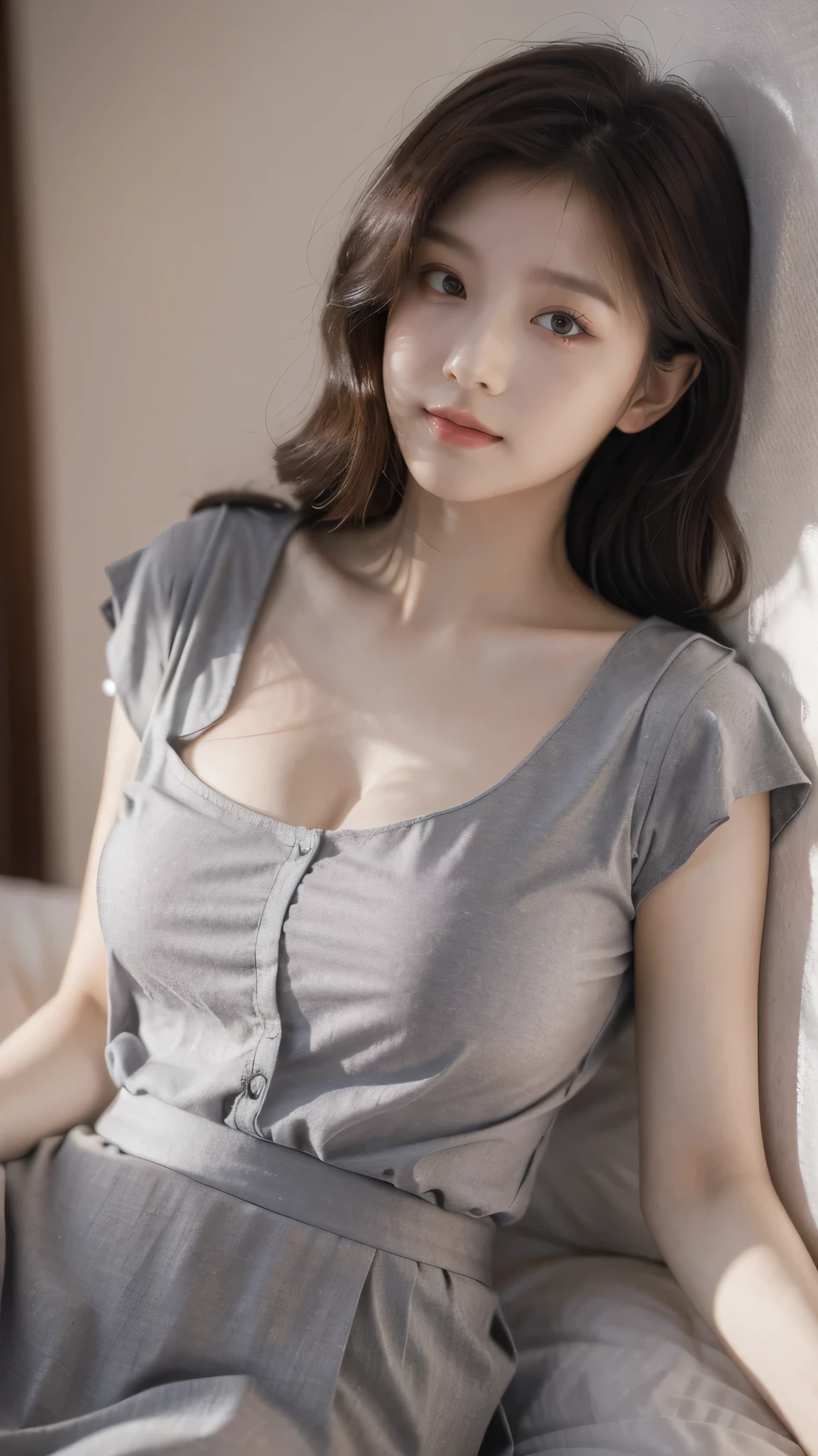 detailed background, masterpiece, best quality, 1 person , curly hair, long hair, purple eyes, star in eye , grey Strapless blouse, long skirt, grey, tight , grey blouse , lying on bed , big breast
