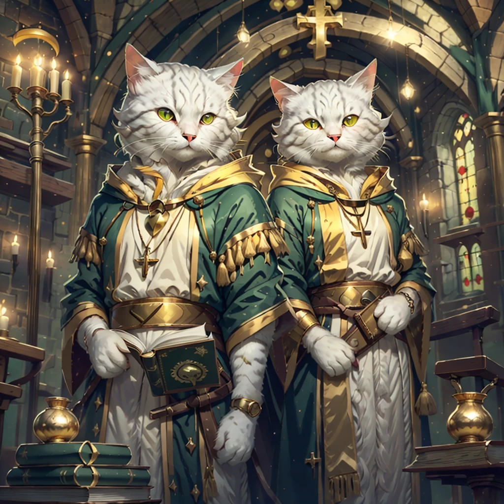 White cat, solo, 1female, yellow eyes, white robes and hood, gold necklass with green gem, gold wrist bands, holding book, medieval church