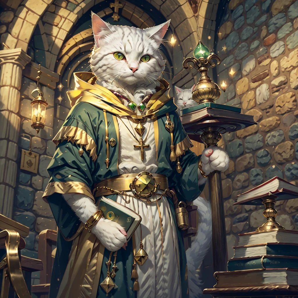 White cat, solo, 1female, yellow eyes, white robes and hood,  gold necklass with green gem, gold wrist bands, holding book, medieval church