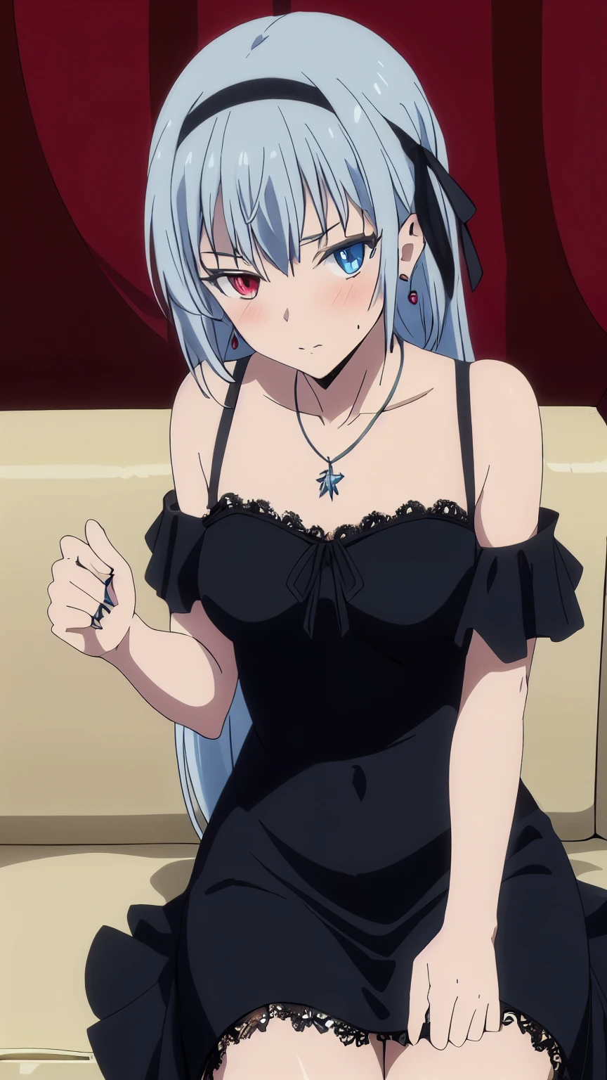 (masterpiece, highest quality, 8k:1.2), 1girl, Luminous, tensura, beautiful detailed eyes, Heterochromia, red eyes, blue eyes, bangs, silver hair, long hair, hair ribbon, hair band, jewelry, necklace, collarbone, (black dress, cabaret dress, lace, earrings, neck lace, blush, sofa, sitting, cabaret hall), Cowboy shot, Dynamic pose,