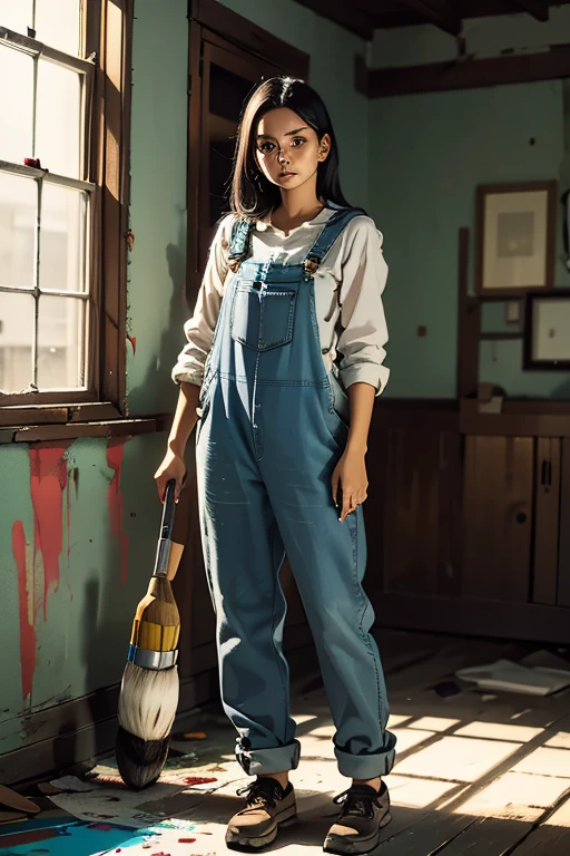 Highest quality　High resolution　Simple　White overalls work clothes　A woman holding a paint can and a brush　There is a little paint on the clothes or body.　Abandoned house　20 years old