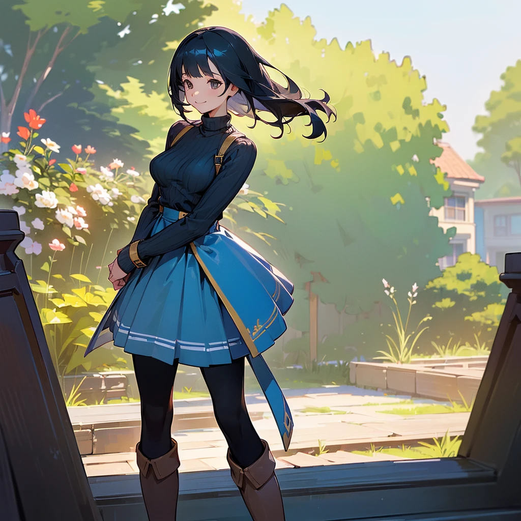 (high quality, High resolution, Very detailed, reality:1.37), Peaceful atmosphere, (Outdoor, garden), Teenage girl standing alone, (my breasts are big.), Beautiful details, Cute Smile, (Black bob hair), Ribbed sweater, Blue Skirt, Black tights, Brown boots.