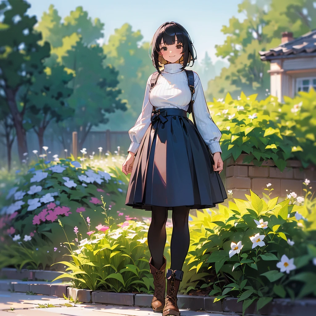 (high quality, High resolution, Very detailed, reality:1.37), Peaceful atmosphere, (Outdoor, garden), Teenage girl standing alone, (my breasts are big.), Beautiful details, Cute Smile, (Black bob hair), Ribbed sweater, Blue Skirt, Black tights, Brown boots.