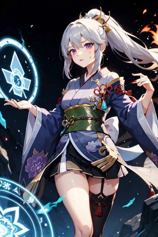 One girl, kimono, ponytail ,Gray Hair, Purple eyes, magic circle, Blue Fire, Blue Flame, wallpaper, landscape, Blood, Blood splatter, Depth of written boundary, night, Particles of light, light, Side light, Thighs, destiny \(series\), Genshin Impact, Open jacket, skirt, Knee socks, cloud