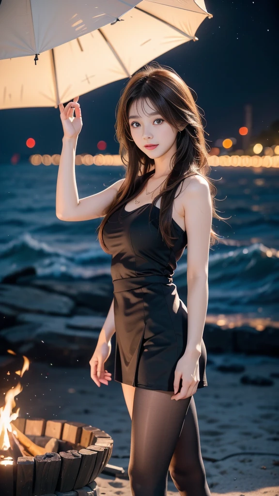 ulzzang-6500-v1.1, (RAW photo: 1.2), (Real photo), (Real photo: 1.4), 1 girl、Perfect anatomy、20 years old、Looking at the camera、Medium length hair、dress, skirt, Dancing by the campfire on the beach at night, with moon and stars, ((by the beach at night: 1.1))、(Hyperrealistic tights: 1.2), (Business service)、Asian eyes Ella,
