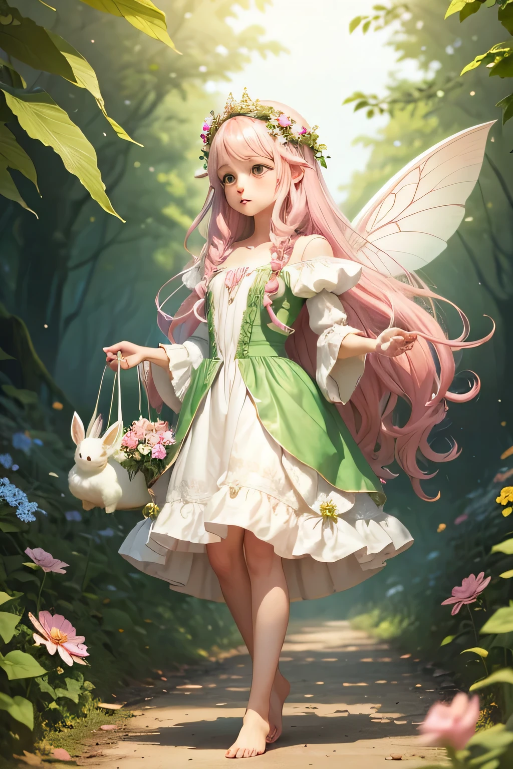 fairy with green wings, long wavy pink hair, short white dress, barefoot, holding a white rabbit, she is from somewhere in Europe, and wears a little handbag with her magical pollen that falls out little by little, she wears a flower crown and have an average height
