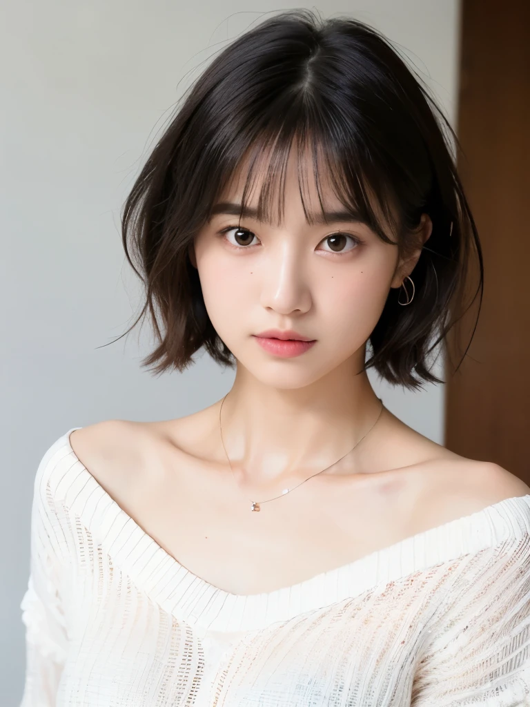ultra high res, RAW photo, cute japanese women photos, whole body,long sleeve dress, very short hair, (upper half of body), Take a photo from the front,Portrait,surface focus,(light blush), extra large size_sweater, necklace, indoor, white background,looking at the viewer, mix 4, (realistic Photoreal:1.37), 1 girl, cute, natural lighting, photon mapping, Physically based rendering, shortcut, short hair, Handsome, girly, (clean face), (Detailed facial description), (detailed description of handasseter muscle part), (Detailed CG), Rich details, (exquisite features), (detailed eye), looking forward to your eyes, delicate clavicle, Versatile poses, profile, white wall, Spring clothes, Simple necklace, Don, (photorealistic:1.4), From above, best quality, masterpiece