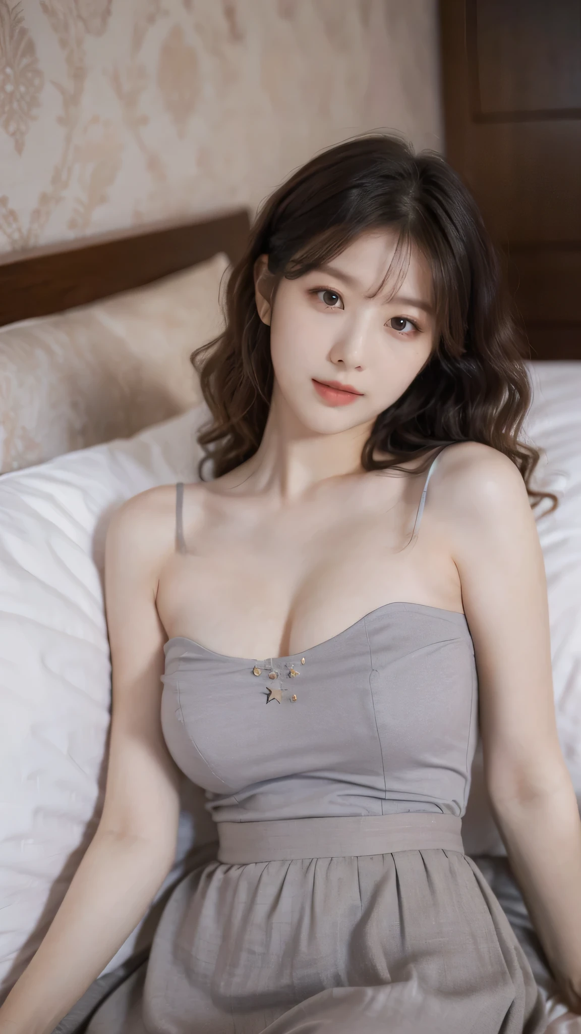 detailed background, masterpiece, best quality, 1 person , curly hair, long hair, purple eyes, star in eye , grey Strapless blouse, long skirt, grey, tight , grey blouse , lying on bed , big breast