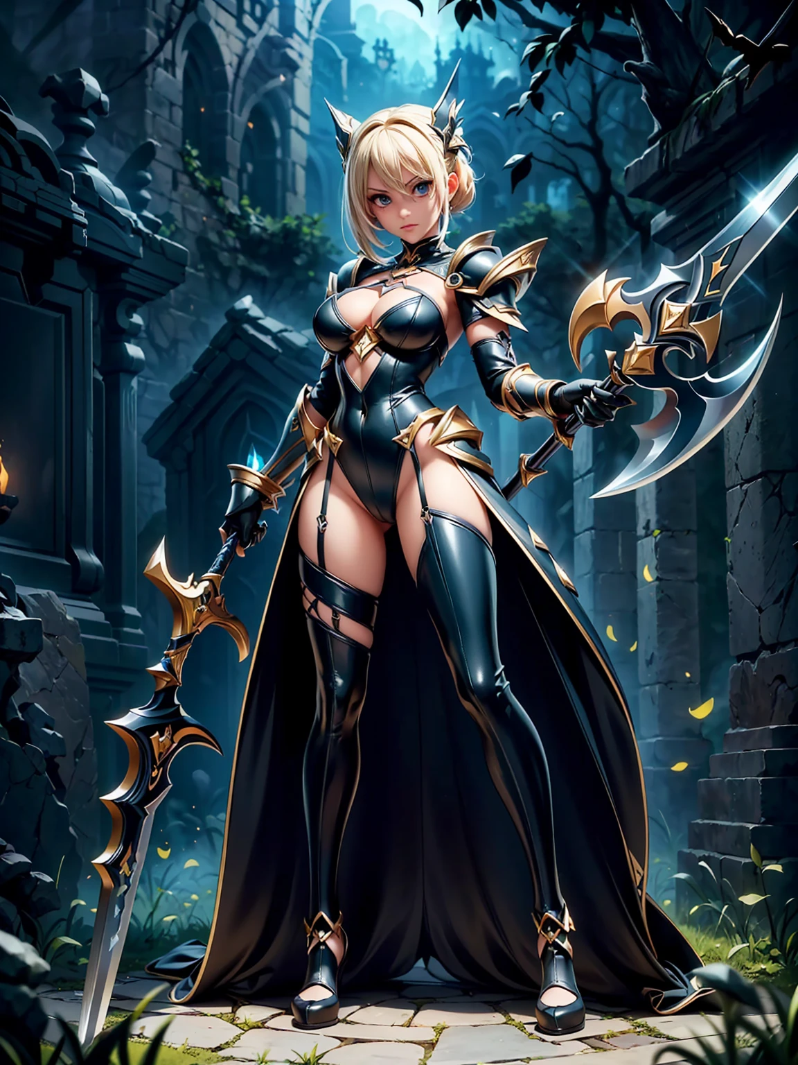 (((masterpiece, best quality, high detailed, 8k))) Design a layout showcase Gaming character, (1girl). Black|Gold clothes, stylish and unique. ((showcase weapon:1.4)), dark scythe. (masterpiece:1.2), (best quality), 4k, ultra-detailed. (Step by step design, layout art:1.5), (luminous lighting, atmospheric lighting). necromancer, ((glove full hands)), (((revealing clothes:1.3))), vambraces, armored legwear, (((full_body_shot:1.4))). {In a haunted graveyard}.