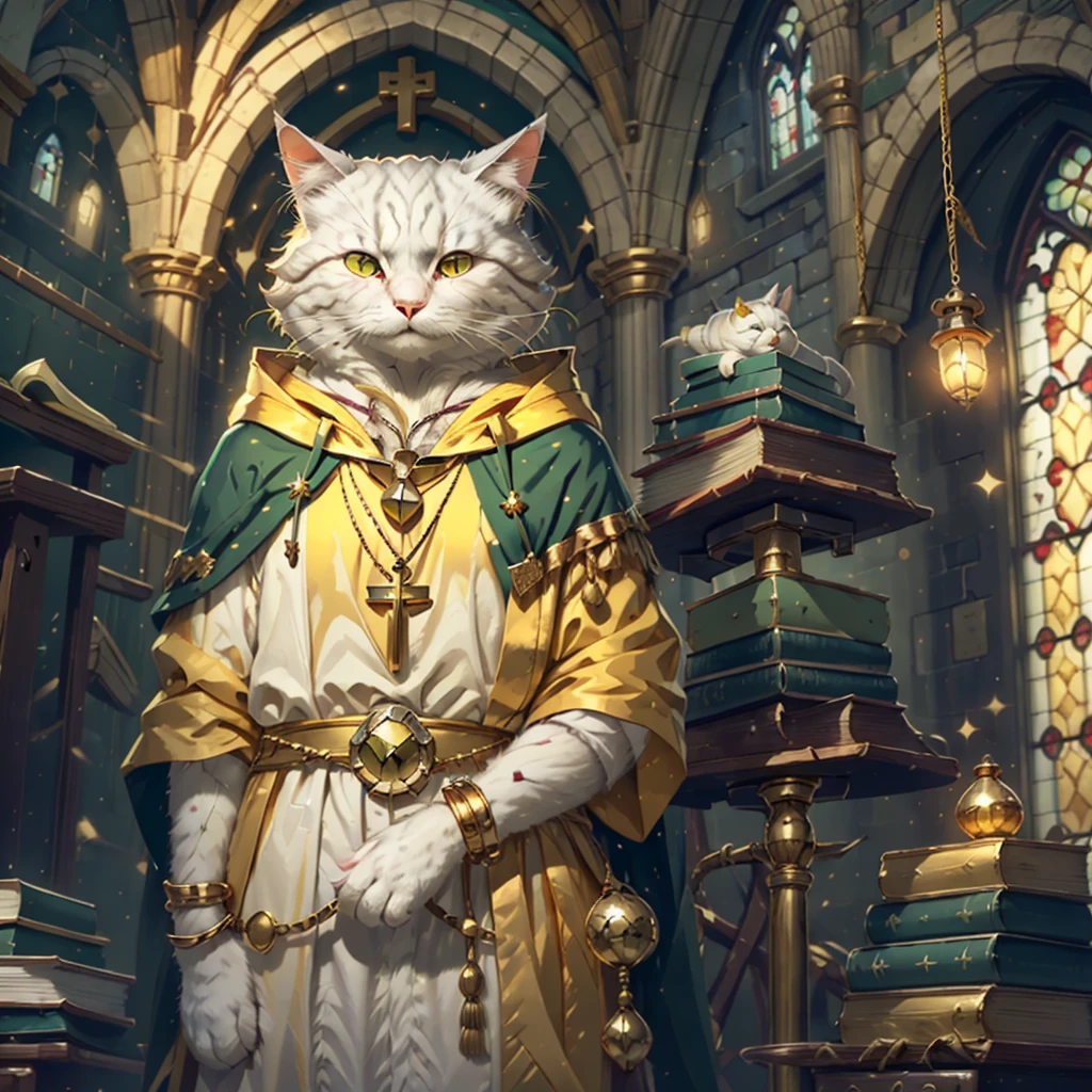 White cat, solo, 1female, yellow eyes, white robes and hood, gold necklass with green gem, gold wrist bands, holding book, medieval church