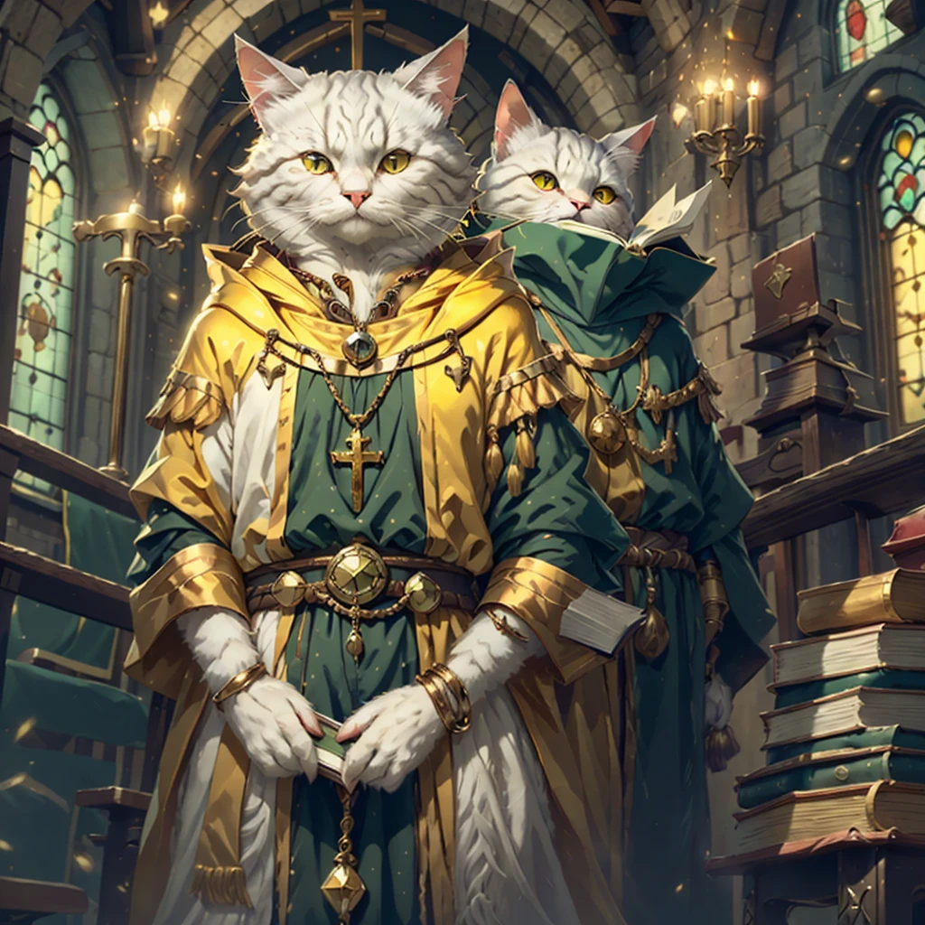 White cat, solo, 1female, yellow eyes, white robes and hood, gold necklass with green gem, gold wrist bands, holding book, medieval church