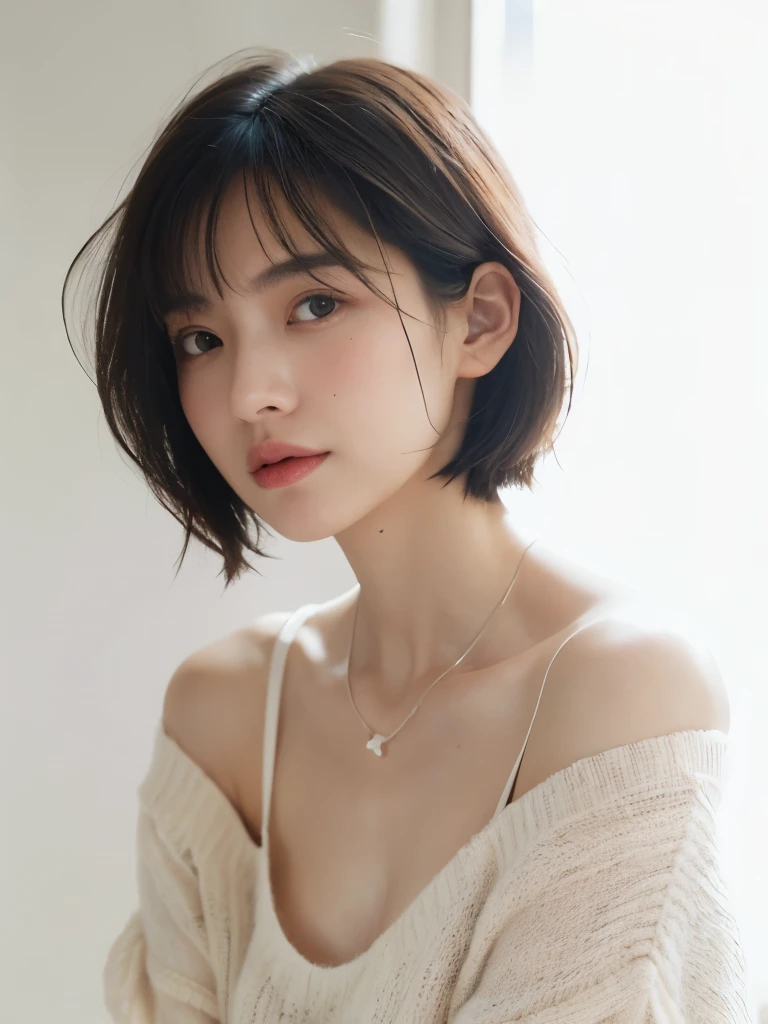 ultra high res, RAW photo, cute japanese women photos, whole body,long sleeve dress, very short hair, (upper half of body), Take a photo from the front,Portrait,surface focus,(light blush), extra large size_sweater, necklace, indoor, white background,looking at the viewer, mix 4, (realistic Photoreal:1.37), 1 girl, cute, natural lighting, photon mapping, Physically based rendering, shortcut, short hair, Handsome, girly, (clean face), (Detailed facial description), (detailed description of handasseter muscle part), (Detailed CG), Rich details, (exquisite features), (detailed eye), looking forward to your eyes, delicate clavicle, Versatile poses, profile, white wall, Spring clothes, Simple necklace, Don&#3, (photorealistic:1.4), From above, best quality, masterpiece