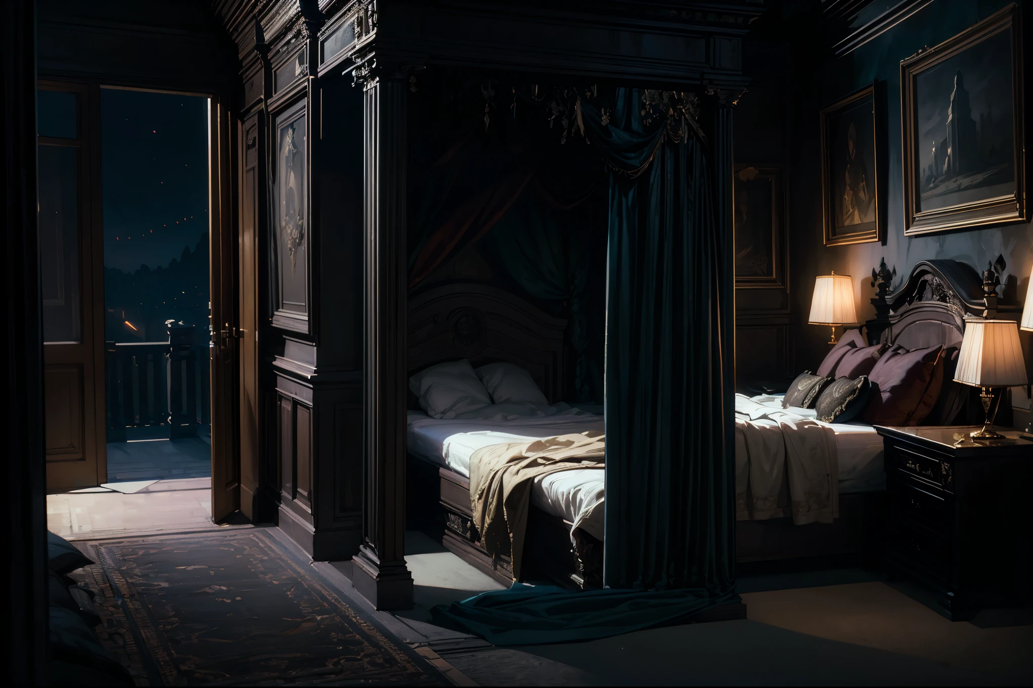 (masterpiece, realistic, best quality, (beautiful and aesthetic:1.4), highest detailed), (dark fantasy illustration:1.3), ((inside wealthy noble manor), in dimly lit luxurious bedroom, detailed background), (night:1.3), atmospheric, lovecraft, horror, (elegant, intricate, digital photography, high quality, 4k, extremely detailed, sharp, CG, hyper realism, dramatic light, HDR),