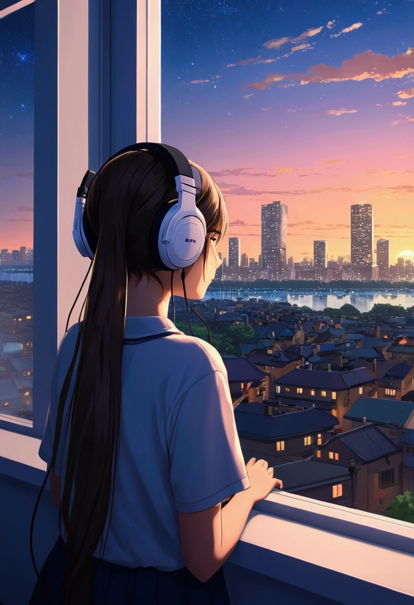 Anime girl wearing headphones looking out the window at the city, LOFI Girl, Anime atmosphere, Lofi Artstyle, Anime Style 4k, Anime Aesthetics, Nightcore, Lo-fi feeling, Lofi Art, anime art wallpaper 4k, anime art wallpaper 4k, anime wallpaper 4k, anime wallpaper 4k, An atmosphere of praise