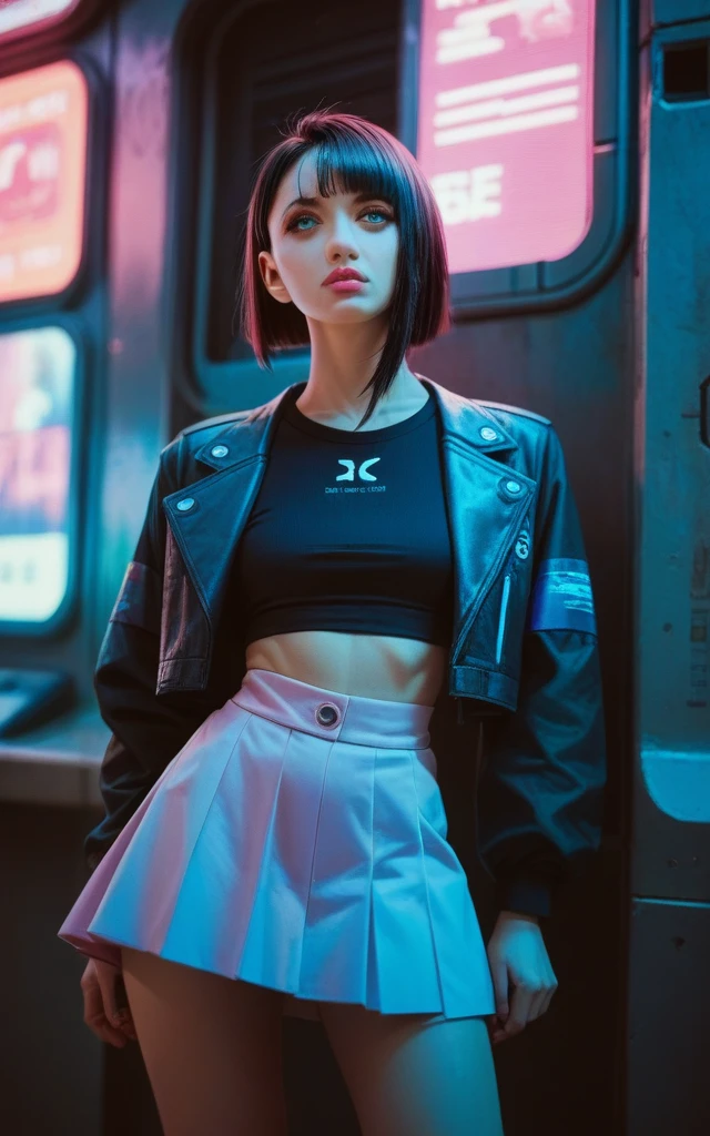 Lucy \(cyberpunk\), masterpiece, High detail, 8k, 1girl, black hair, pink lips, parted bangs, skirt, cyberpunk \(series\)