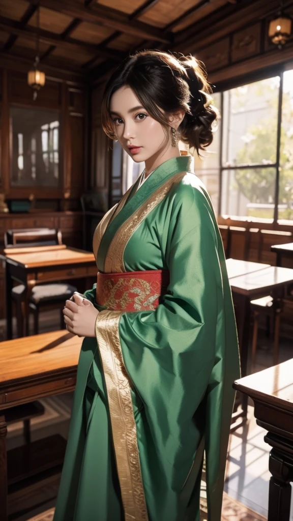 best quality,masterpiece,Ultra-high resolution,(photoactual:1.4),Chinese animation,Antique study room,a beautiful,Elegant,,Wise Girl,Bright eyes,Long hair in a single ponytail(green),Wearing Confucian robes,holding book in hand