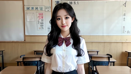 Korean school uniform、Summer shirts、Tight shirt、Bow tie、skirt、School、School的楼梯、Improved posture、The point is、Thin and large、8K Original Photo、high resolution、18 year old Korean、Looks awkward、Extra large round,Beautiful details、Long eyelashes、Nice double eyelids、Eyeshadow、Eyeliner、Eyes become longer、Elongate the shape of the eyes、Sanbai's eyes are beautiful, Thin legs, And beautiful long legs.、Random Shorthair Cat、Tie your hair up、Ear nipple rings、Light brown hair、(Wear pantyhose)、Hold your knees,wear glasses