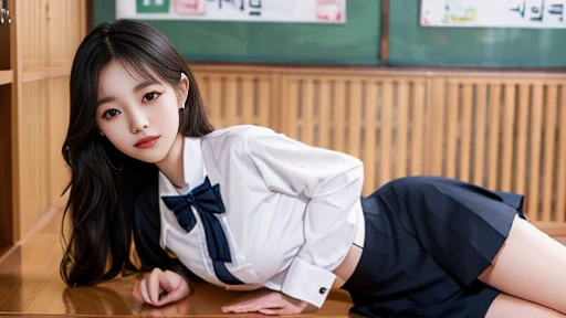 Korean school uniform、Summer shirts、Tight shirt、Bow tie、skirt、School、School的楼梯、Improved posture、The point is、Thin and large、8K Original Photo、high resolution、18 year old Korean、Looks awkward、Extra large round,Beautiful details、Long eyelashes、Nice double eyelids、Eyeshadow、Eyeliner、Eyes become longer、Elongate the shape of the eyes、Sanbai's eyes are beautiful, Thin legs, And beautiful long legs.、Random Shorthair Cat、Tie your hair up、Ear nipple rings、Light brown hair、(Wear pantyhose)、Hold your knees,wear glasses